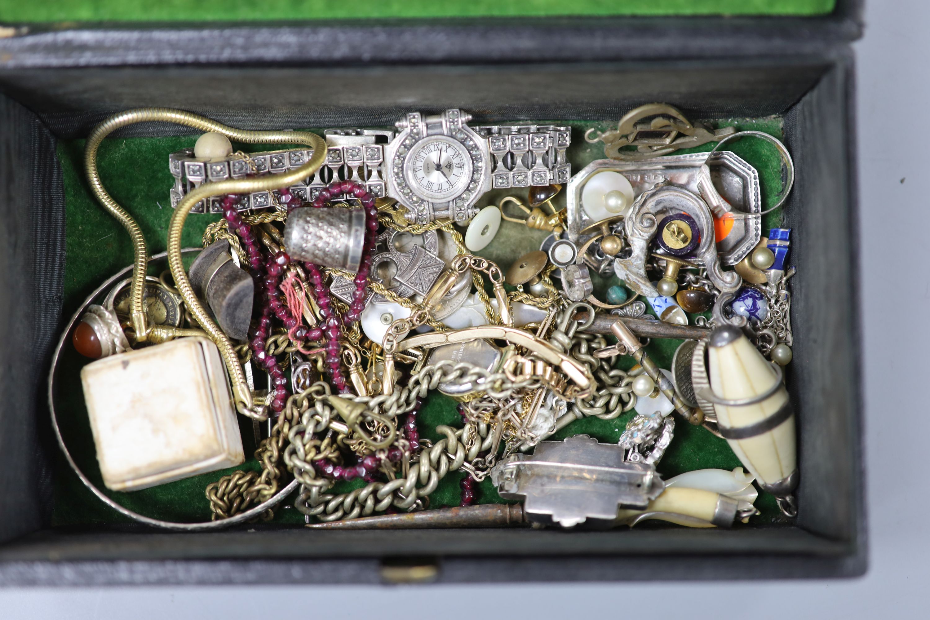 Mixed costume jewellery including cat's eye cabochon set brooch and other items including two watches, wine label etc.